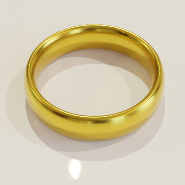 Un render 3d di un anello in oro su un ripiano bianco.