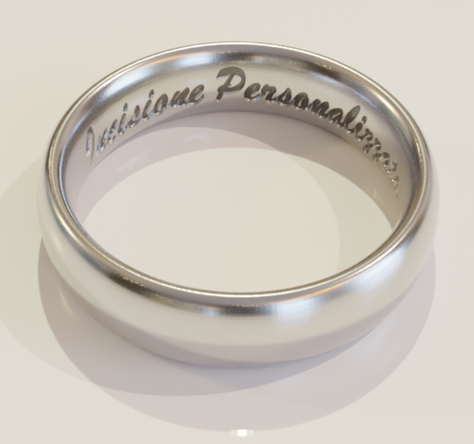 Un render di una fede semplice in oro bianco con la scritta "Incisione Personalizzata" al suo interno.