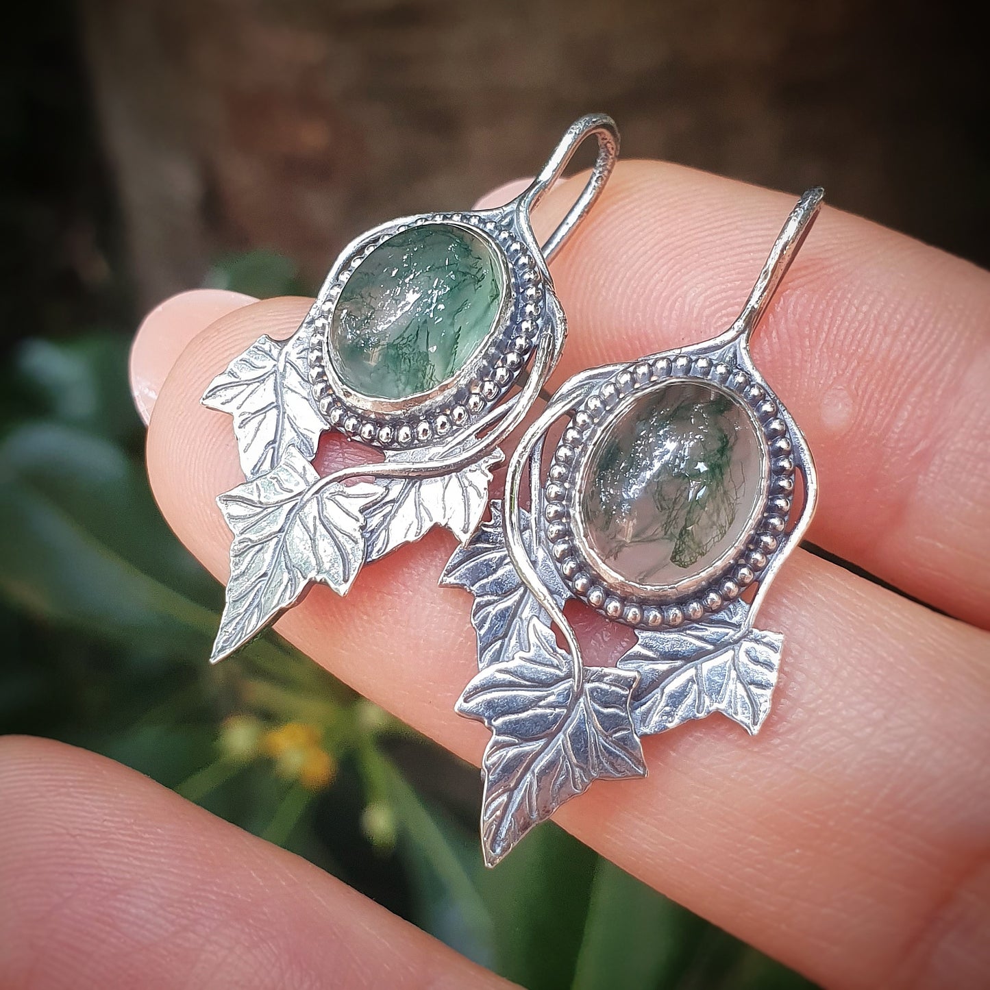 Orecchini in argento 925 sterling con pietra preziosa agata dendritica, disegno foglia - 925 sterling silver earrings with dendritic agate gemstone, leaf design