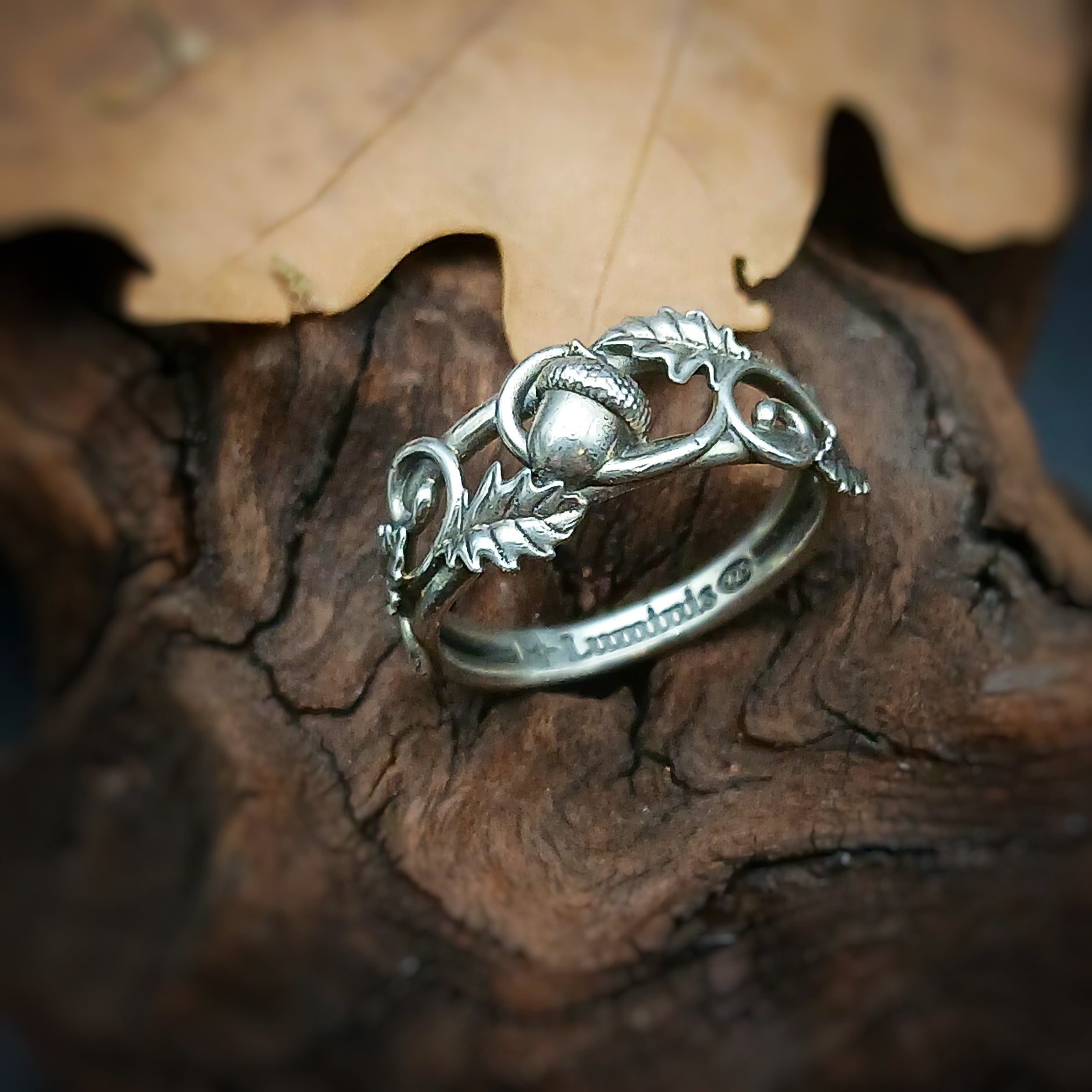Anello in argento 925 raffigurante una ghianda, ornata da foglie di quercia fili decorativi.